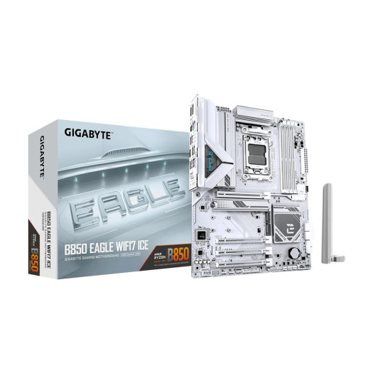 GIGABYTE B850 EAGLE WIFI7 ICE AM5 ATX Motherboard, AMD B850 Chipset, 4x DDR5 DIMM Slots, 256GB Max Memory, 1x PCIe 5.0 x16, 3x M.2 Slots, WIFI 7 & BT 5.4, White | B850-EAGLE-WF7-ICE